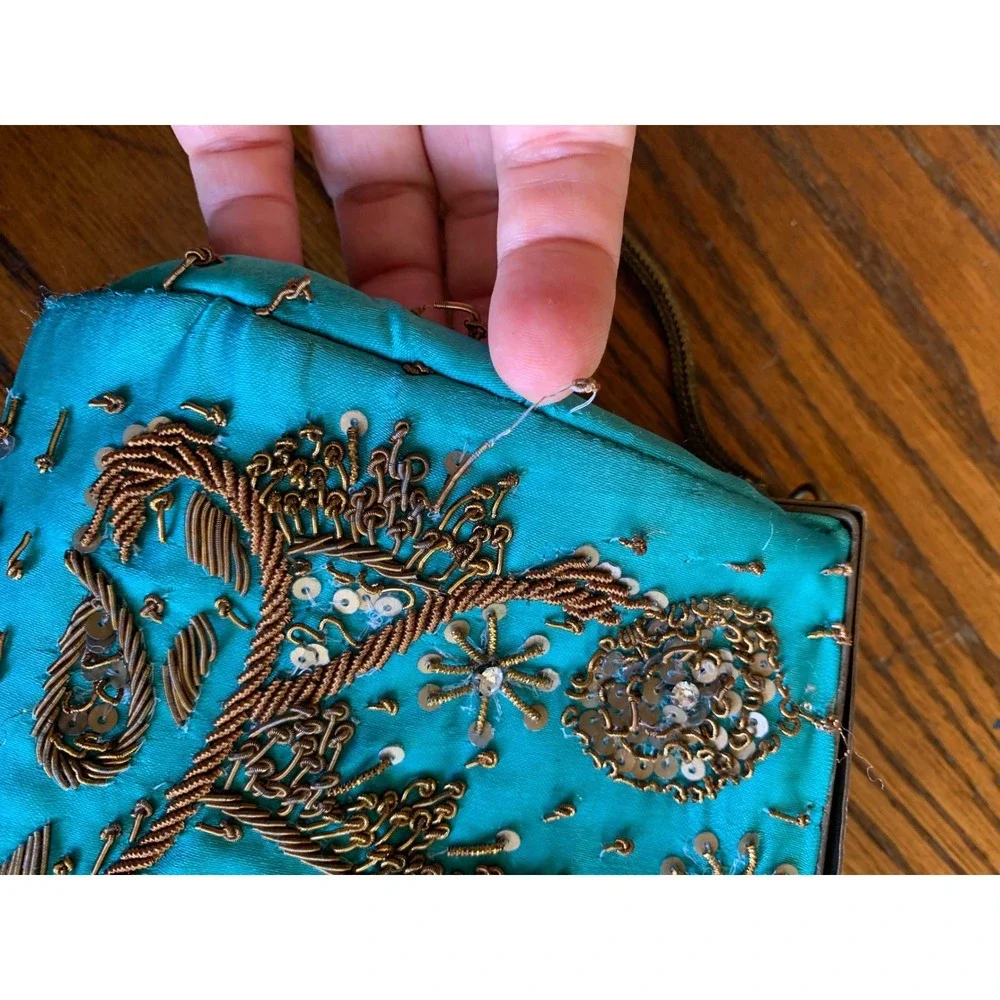 Vintage Blue Beaded Evening Bag Handbag Turquoise Goldwork Embroidery Fair